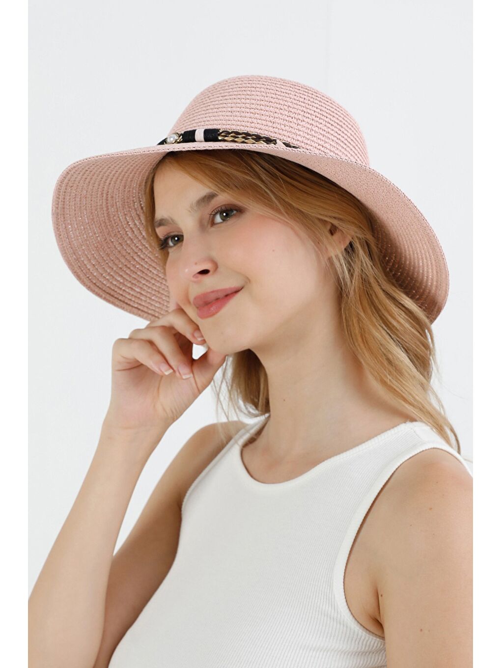 Pembe Deri Detaylı Boncuklu Hasır Şapka-2