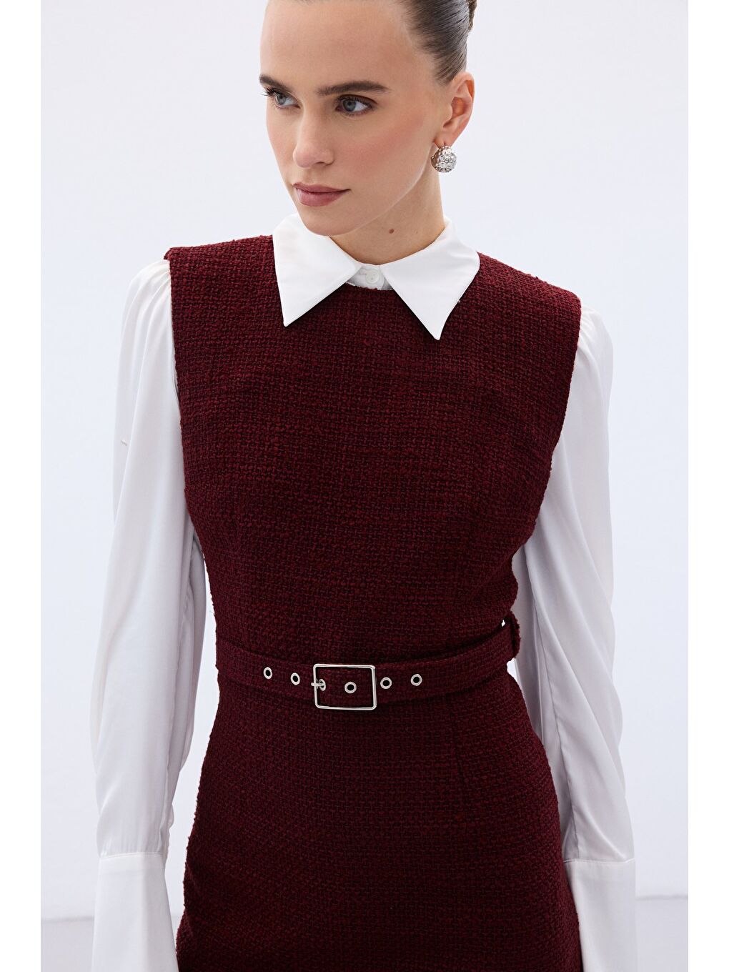 Kemerli Tüvit Elbise - Bordo-6