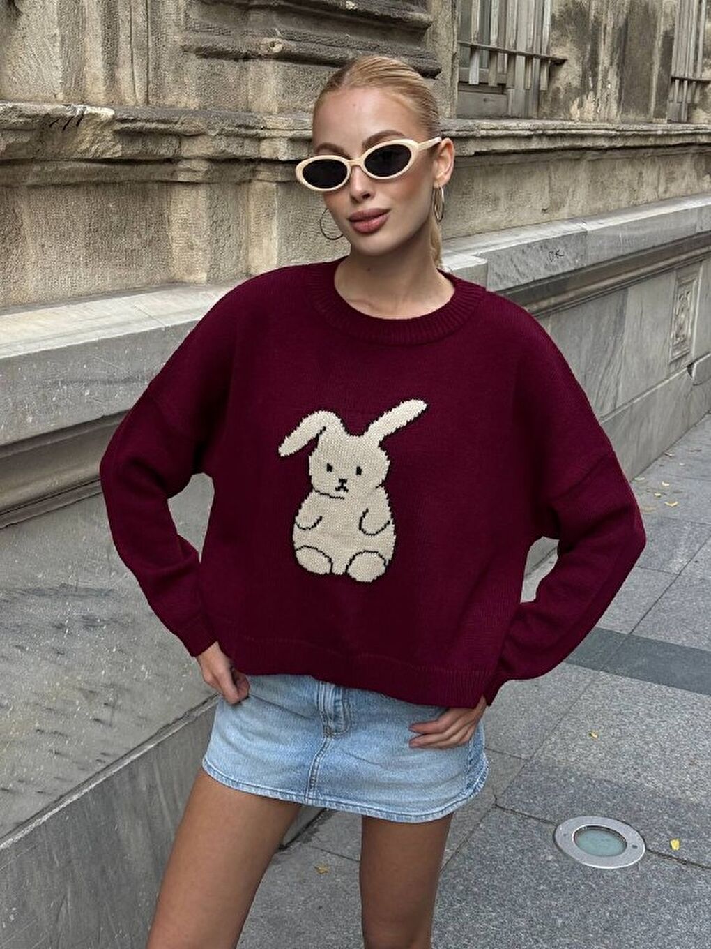 Bordo Tavşan Desenli Triko Kazak-3