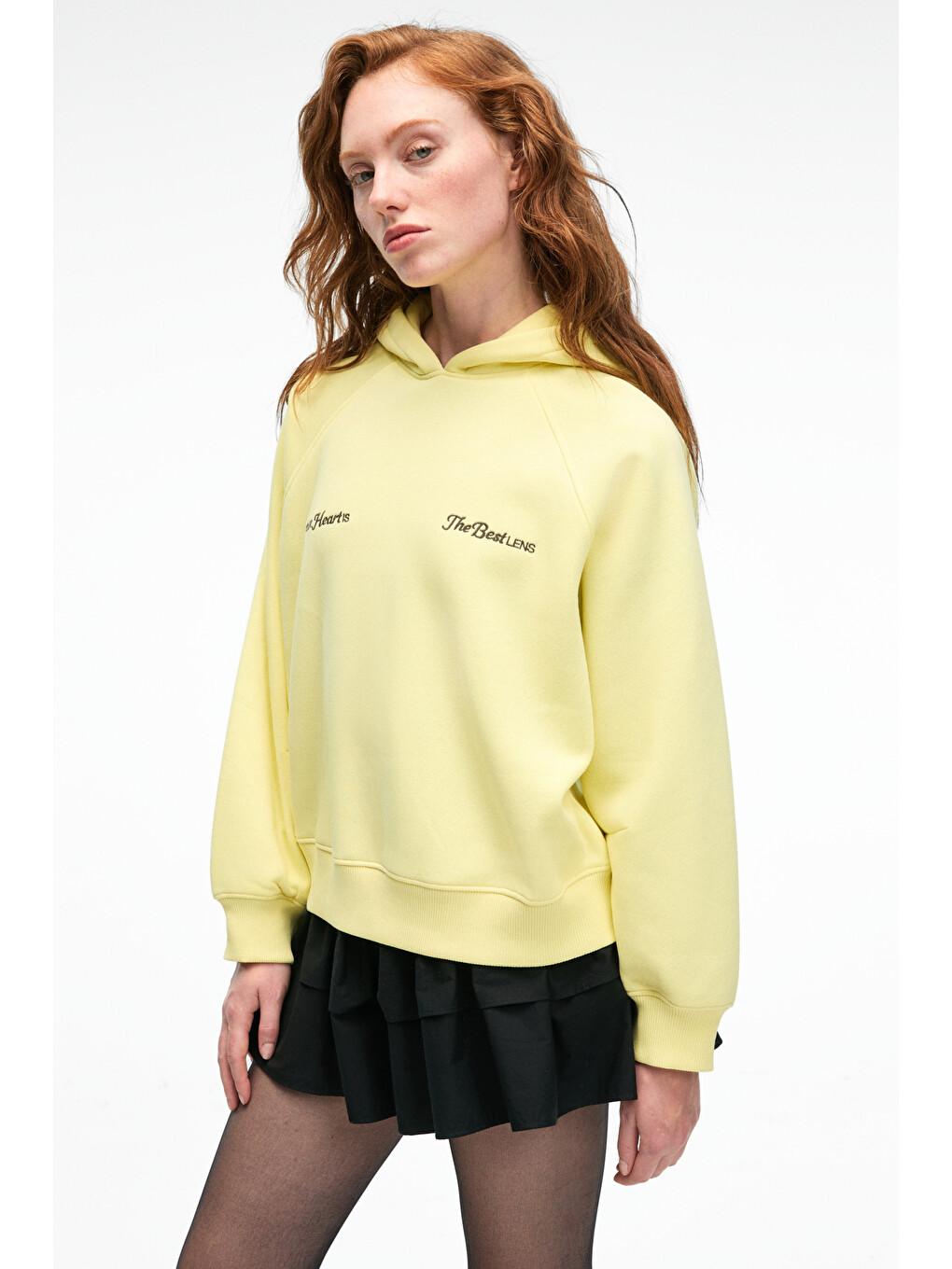 Orınque Kadın Kapüşonlu Baskı Ve Nakış Detaylı Oversize Sarı Sweatshirt-1