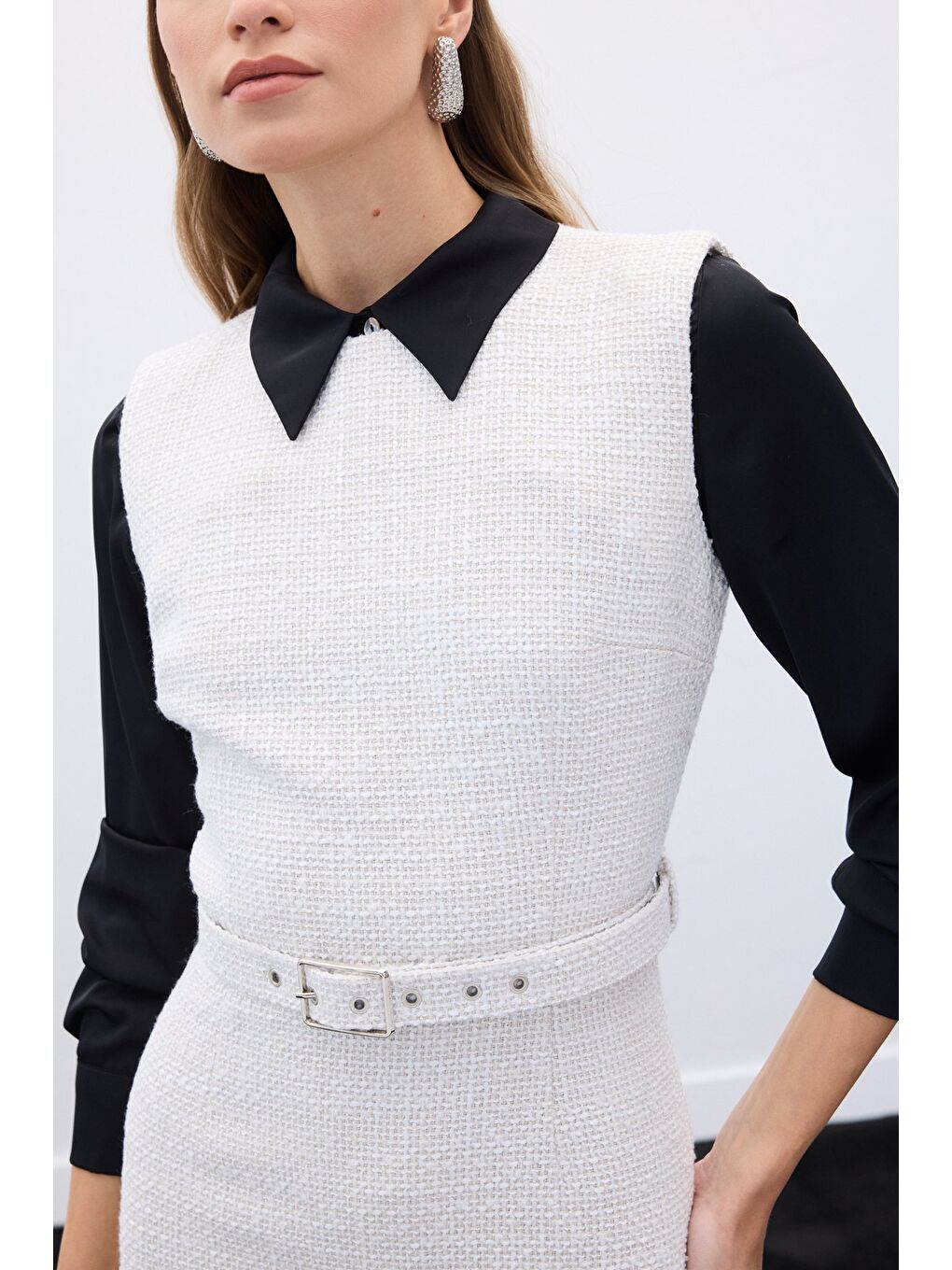 Bej Kemerli Tüvit Elbise - Taş-6