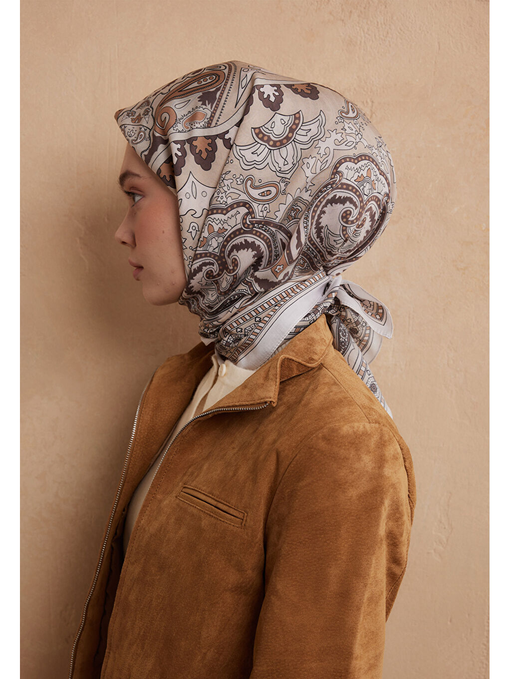 Kahverengi Lena Desen Pamuk İpek Eşarp Cappuccıno-1