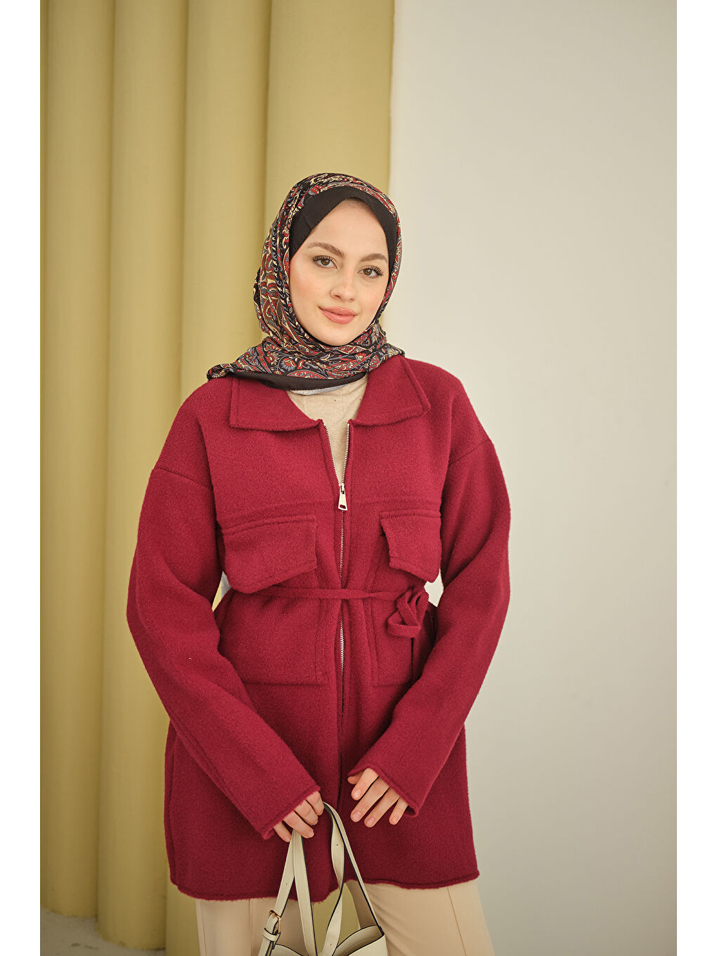 Kadın Cepli Keçe Hırka Bordo-2