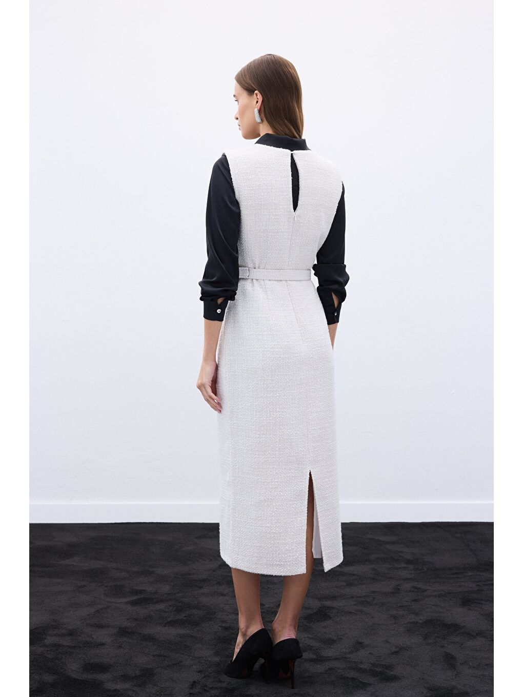 Bej Kemerli Tüvit Elbise - Taş-7