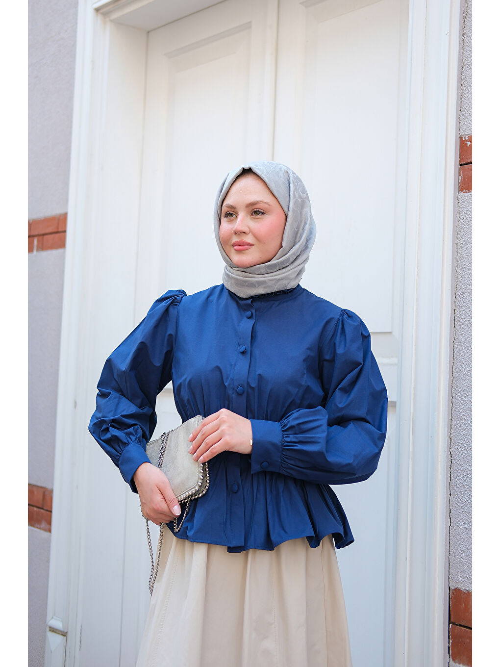 Kadın Beli Büzgü Detaylı Gömlek Lacivert-2