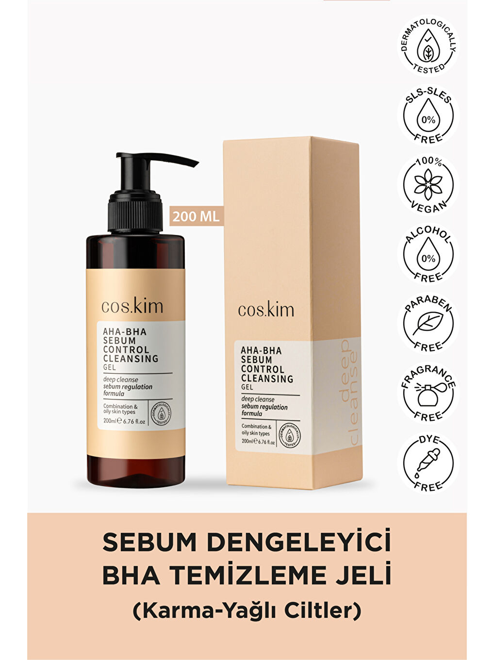 cos.kim Renksiz Sebum Dengeleyici Temizleme Jeli - Karma-yağlı Ciltler | Aha-bha Sebum Control Cleansing Gel 200ml