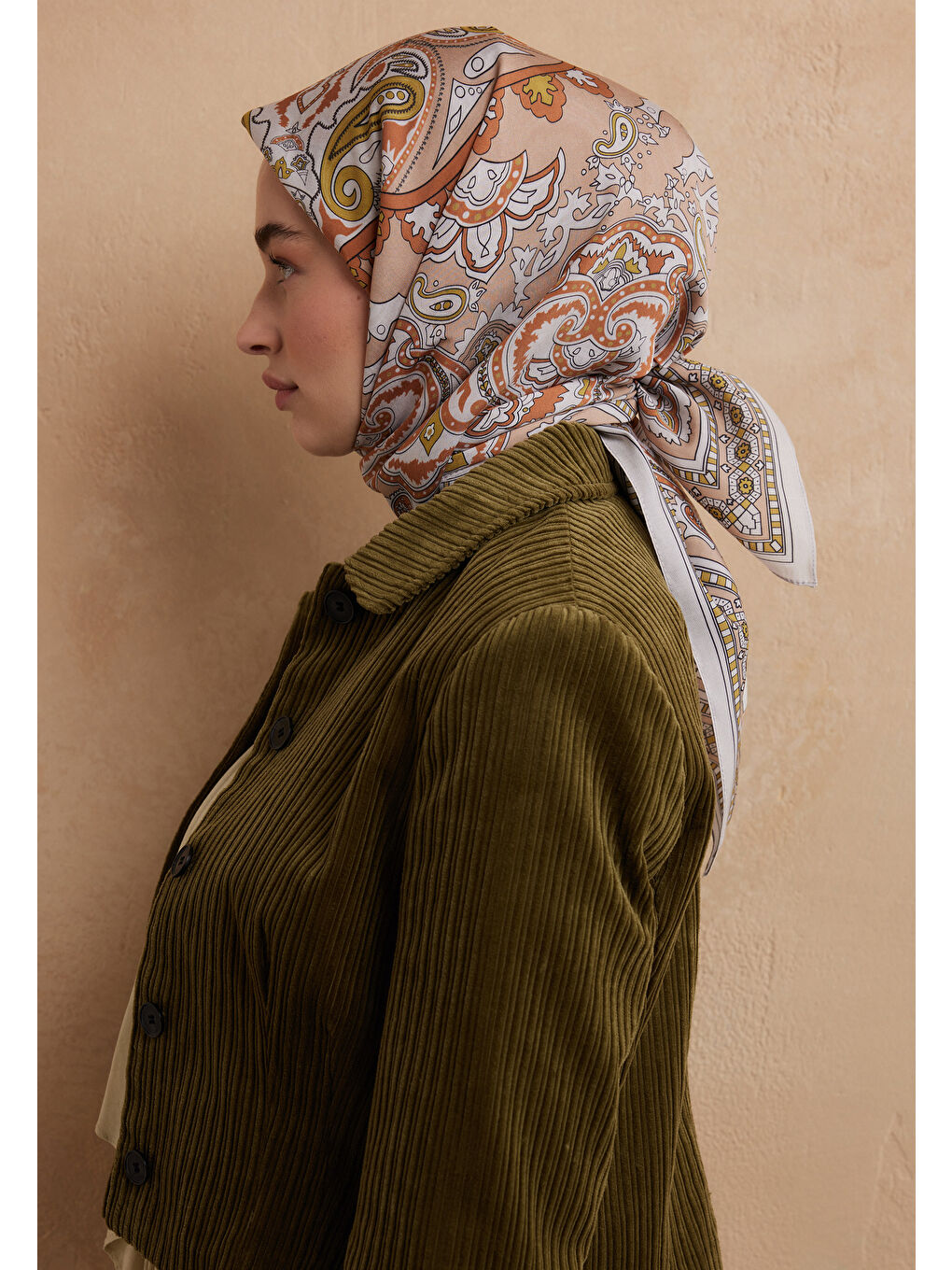 Pembe Lena Desen Pamuk İpek Eşarp Somon-1