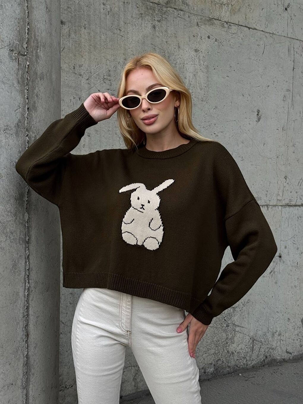 Haki Tavşan Desenli Triko Kazak-1