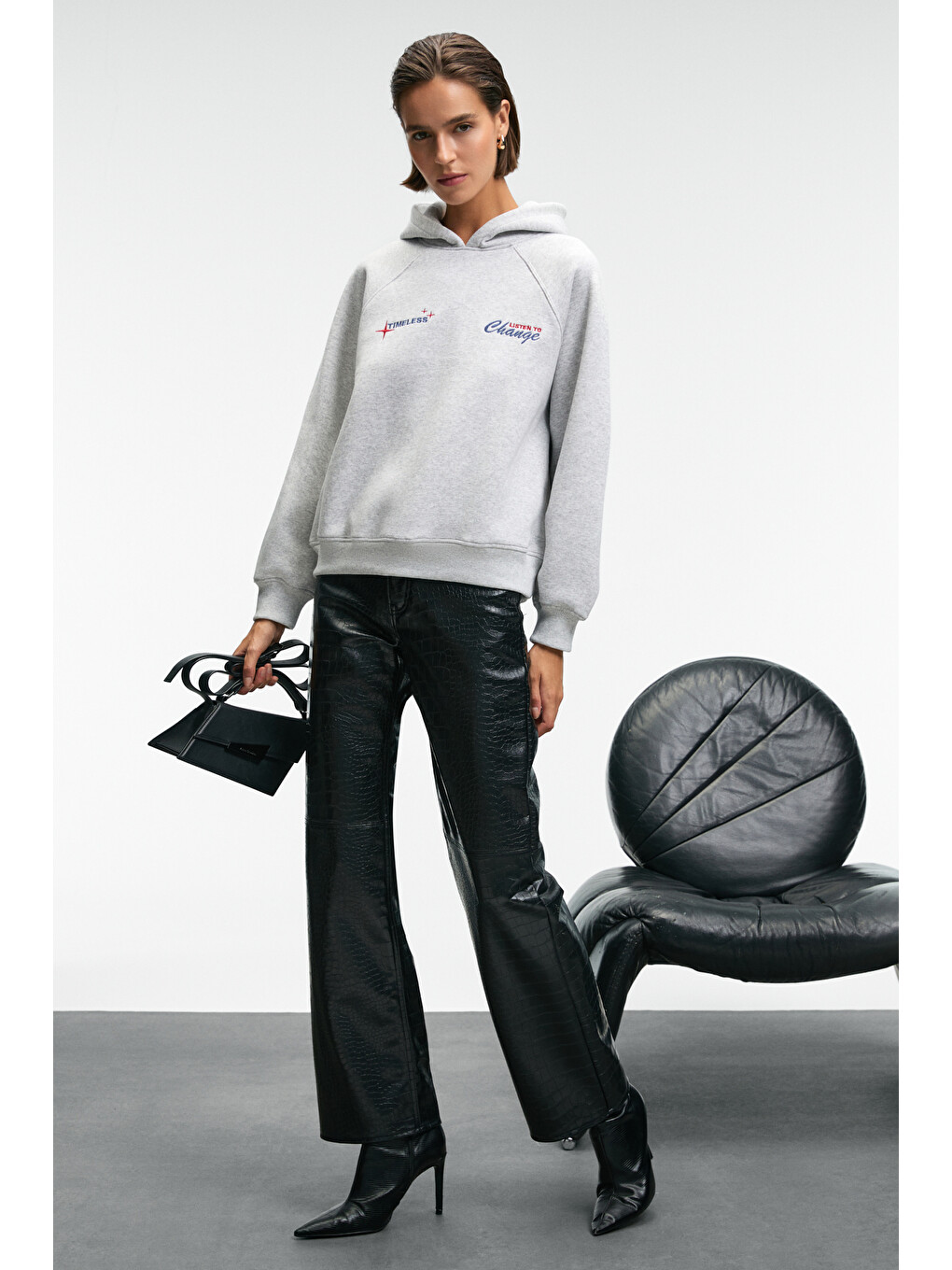 Orınque Kadın Kapüşonlu Baskı Ve Nakış Detaylı Oversize Gri Melanj Sweatshirt-5