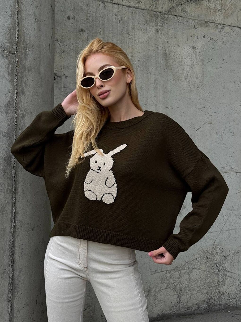 Haki Tavşan Desenli Triko Kazak-2