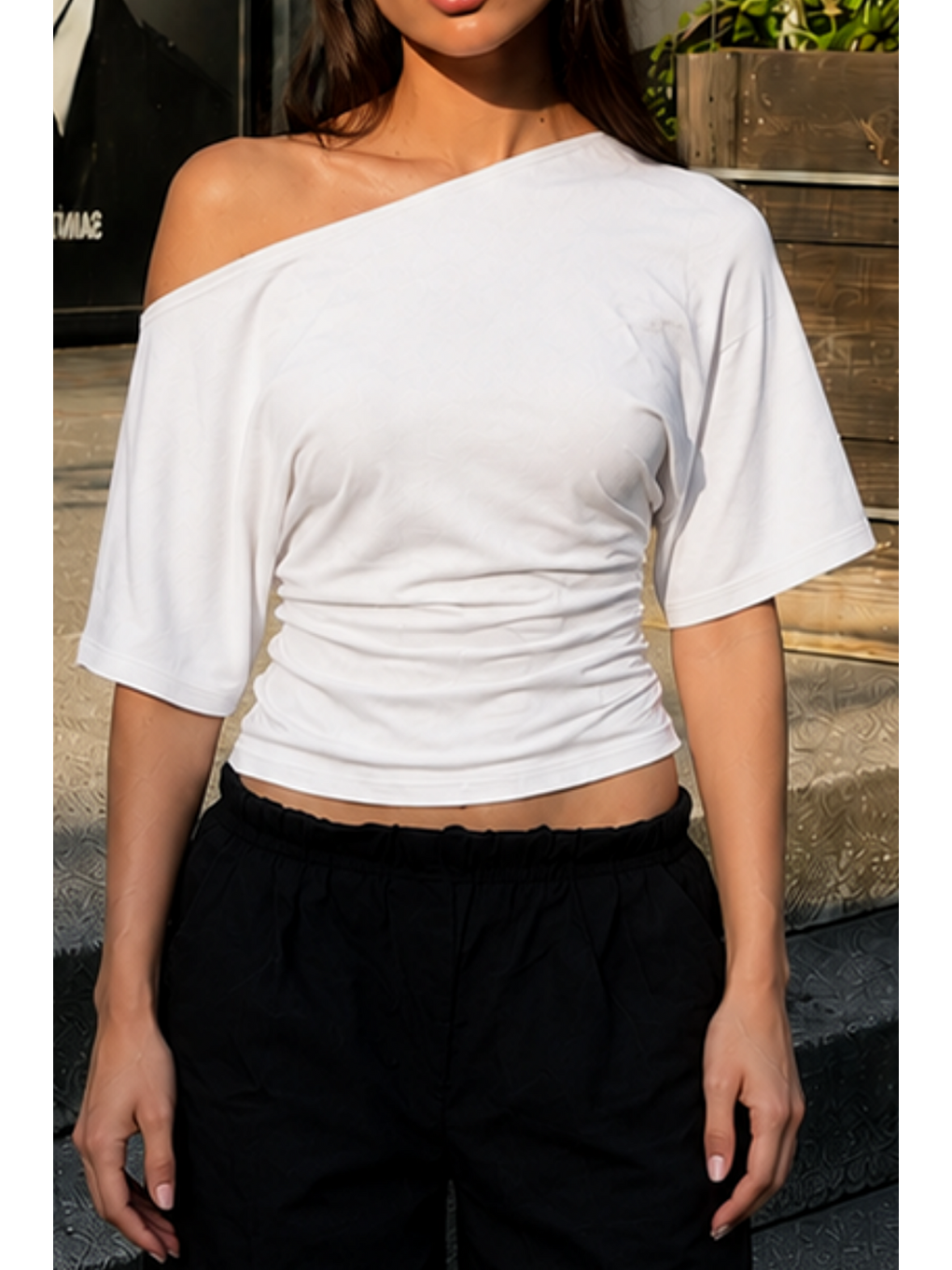 Kadın Günlük Casual Dar Beyaz Crop Bluz-5