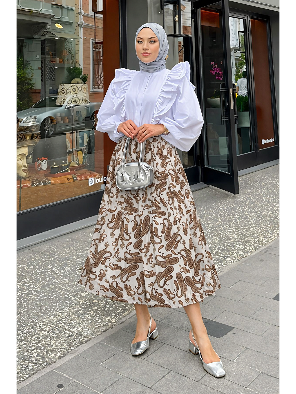 Kadın Desenli Trend Beyaz Uzun Tül Tesettür Etek