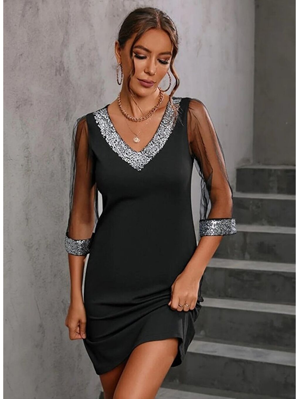 Siyah Kadın Uzun Kollu V Yaka Ve Kol Ucu Pul Payet Krep Elbise-2