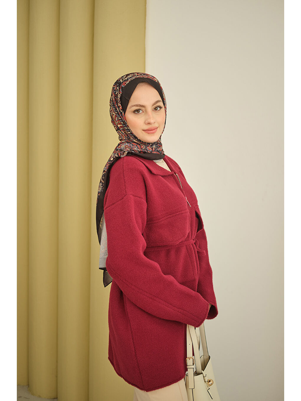 Kadın Cepli Keçe Hırka Bordo-3