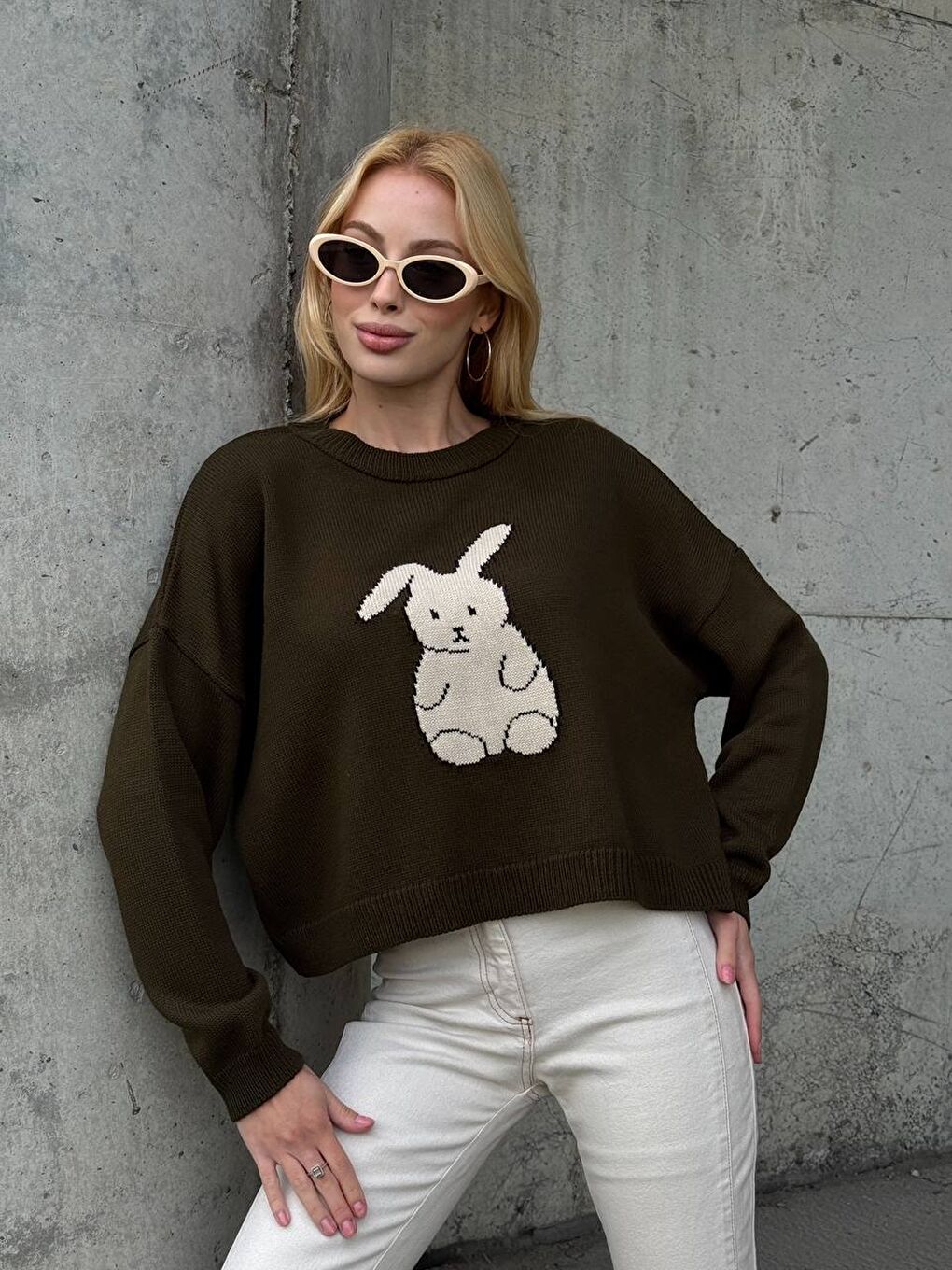 Haki Tavşan Desenli Triko Kazak-3