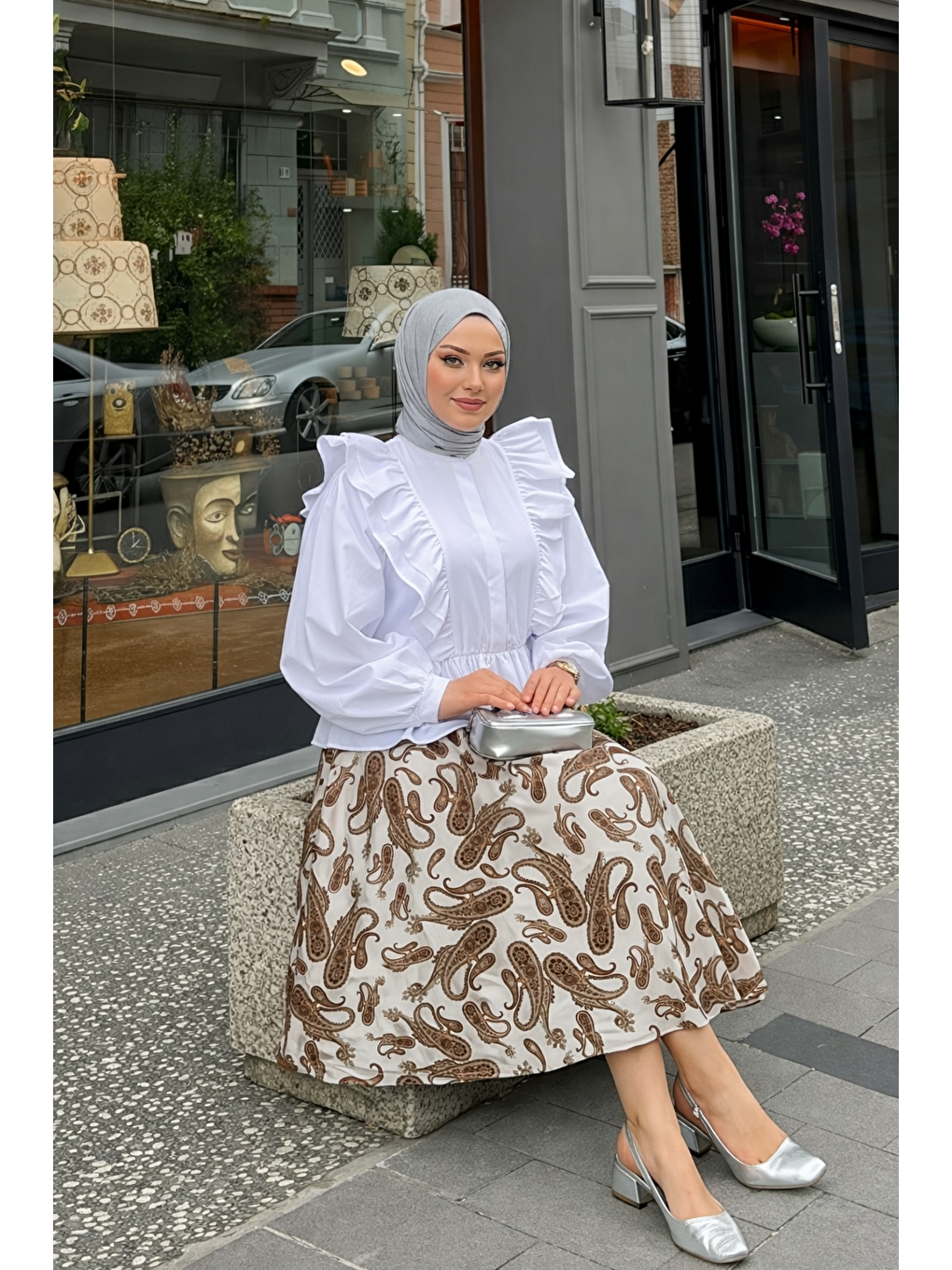 Kadın Desenli Trend Beyaz Uzun Tül Tesettür Etek-1