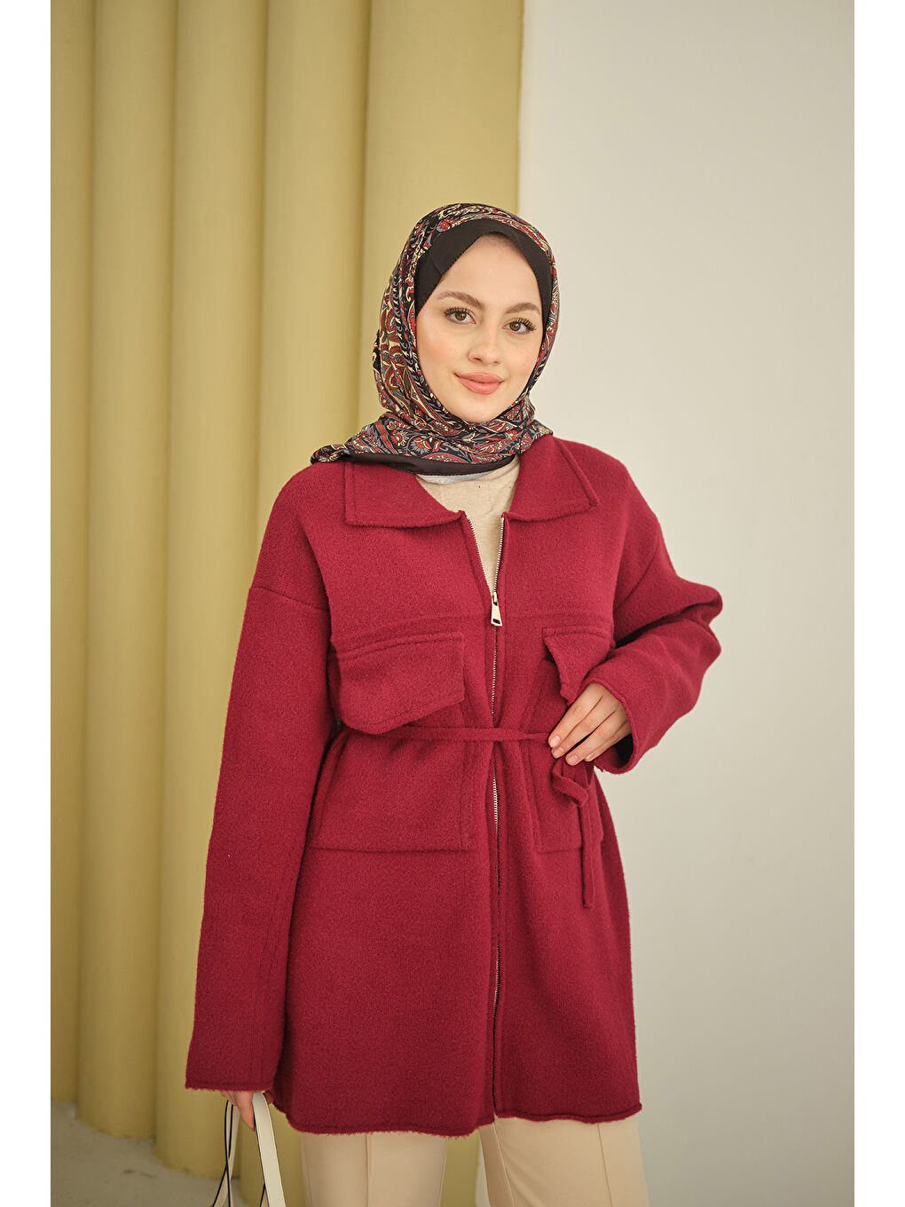 Kadın Cepli Keçe Hırka Bordo-4