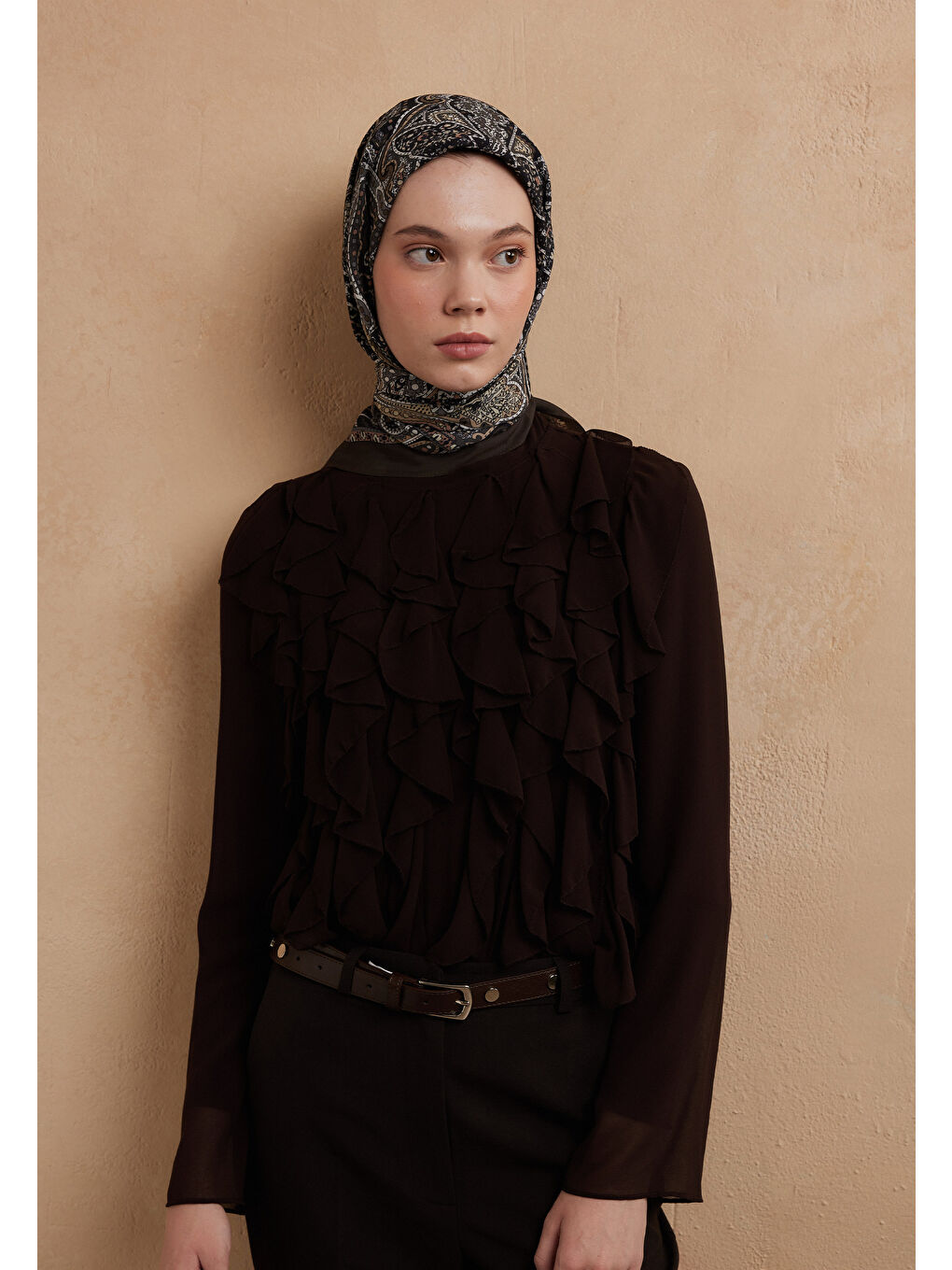 Kahverengi Helene Desen Pamuk İpek Eşarp Acı Kahve-1