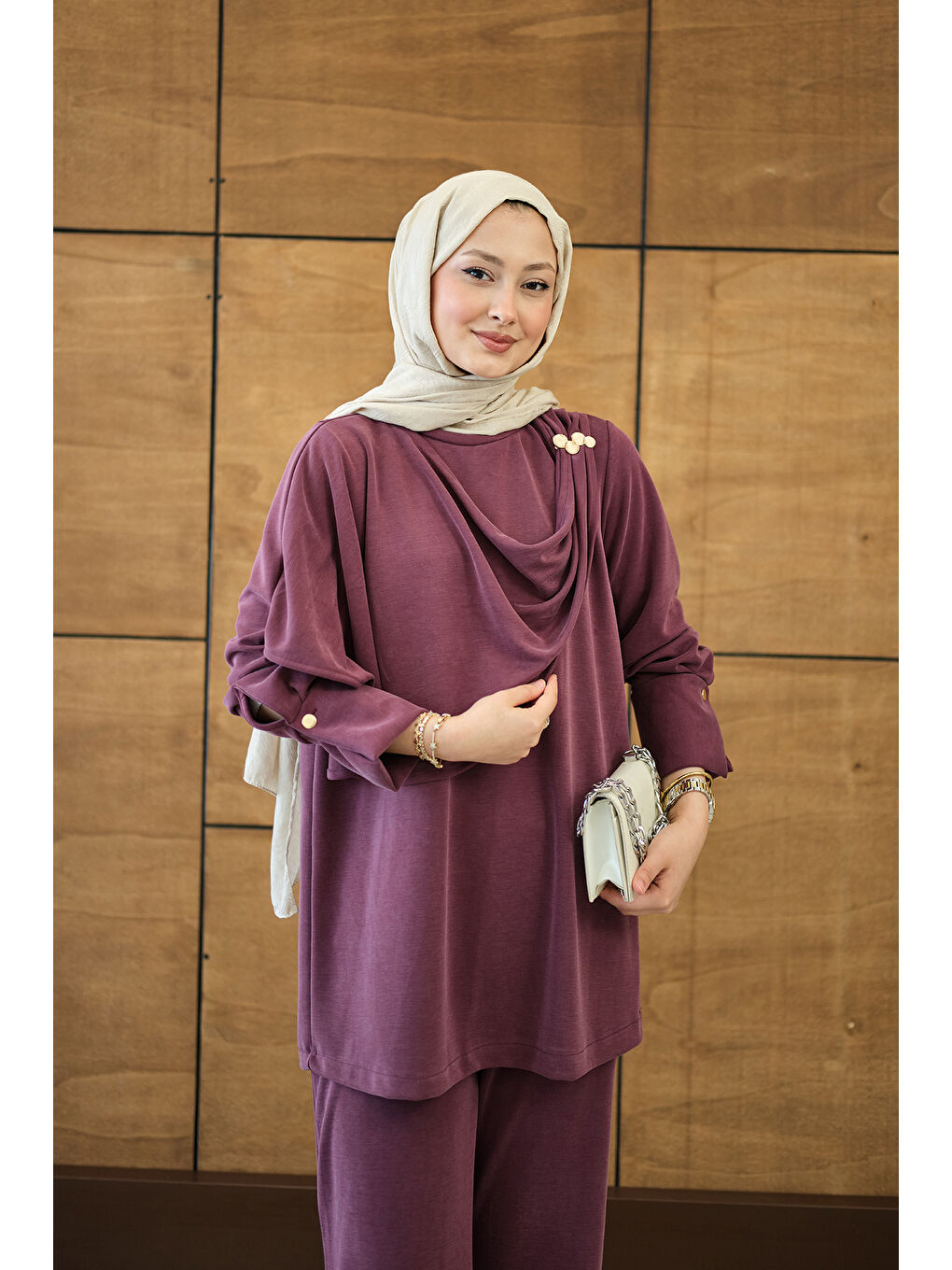 Kadın Yandan Düğme Detaylı Takım Mürdüm-1