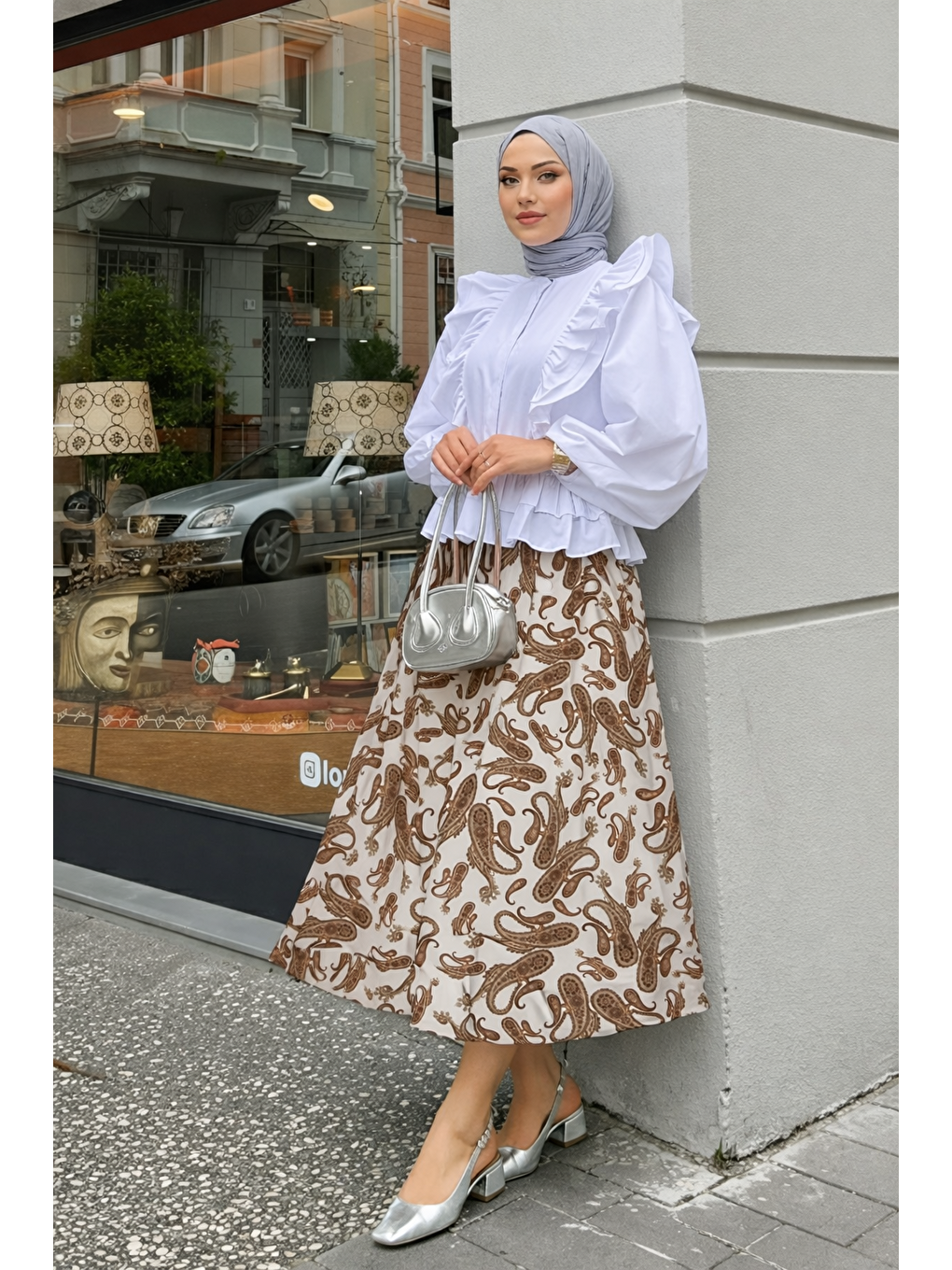 Kadın Desenli Trend Beyaz Uzun Tül Tesettür Etek-2