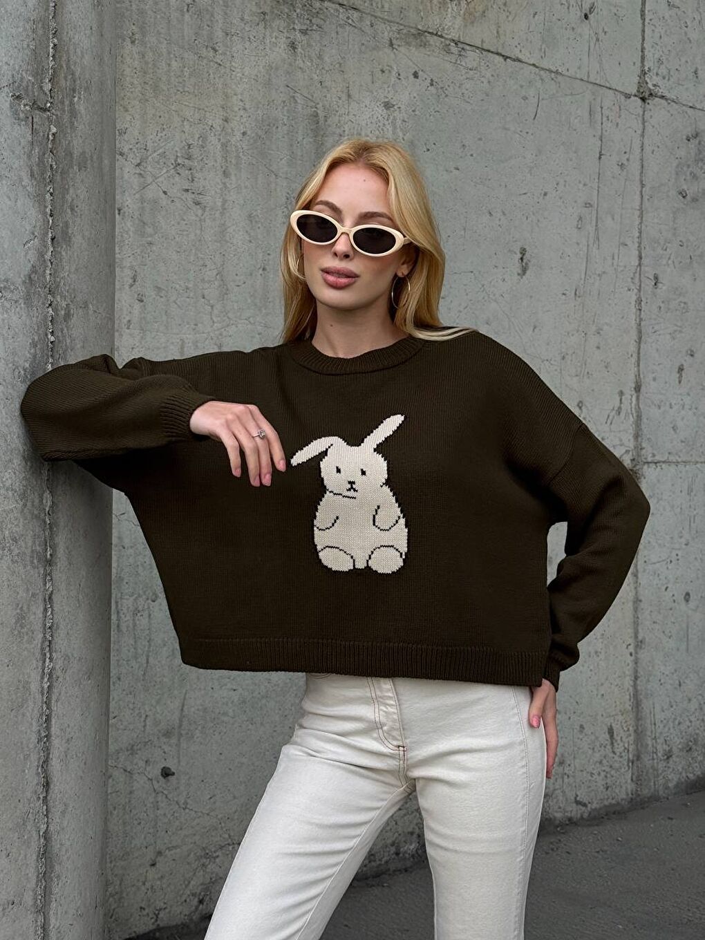 Haki Tavşan Desenli Triko Kazak-4