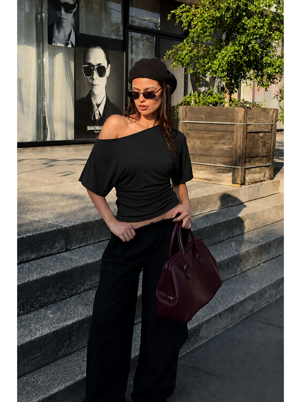 Kadın Günlük Casual Dar Siyah Crop Bluz