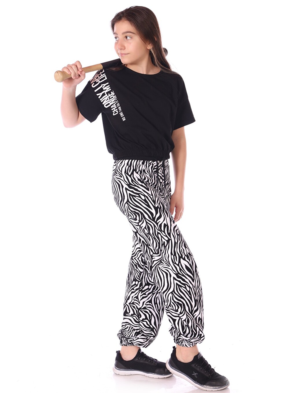 Siyah Kız Çocuk Only I Can Yazılı Zebra Baskılı Eşofman Takım