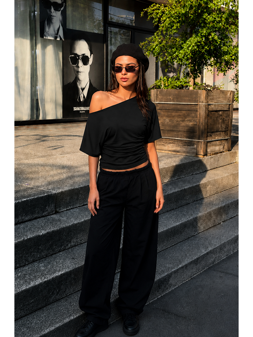 Kadın Günlük Casual Dar Siyah Crop Bluz-1