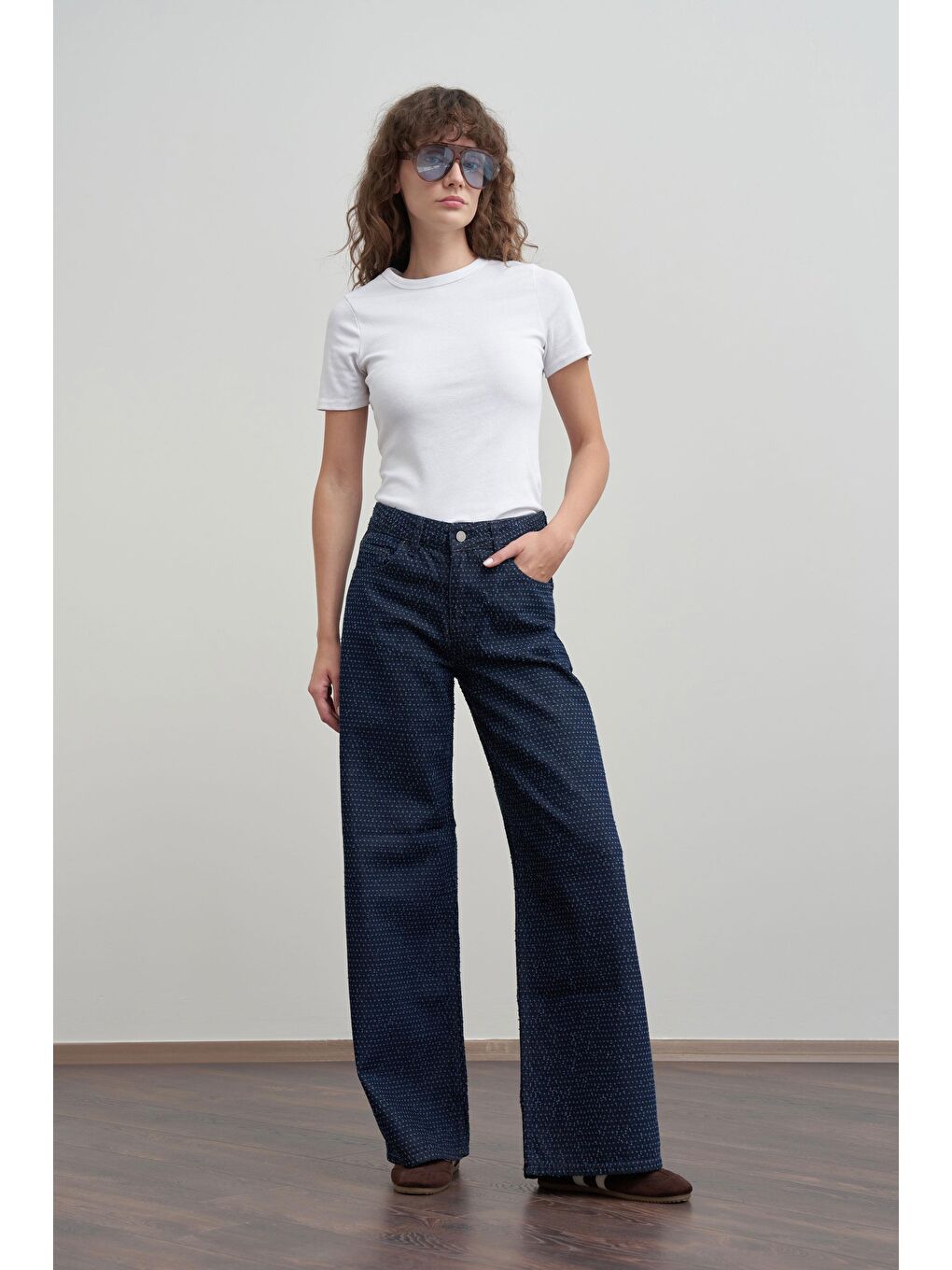 Mavi-Kırık İğne Dokulu Denim Pantolon-1