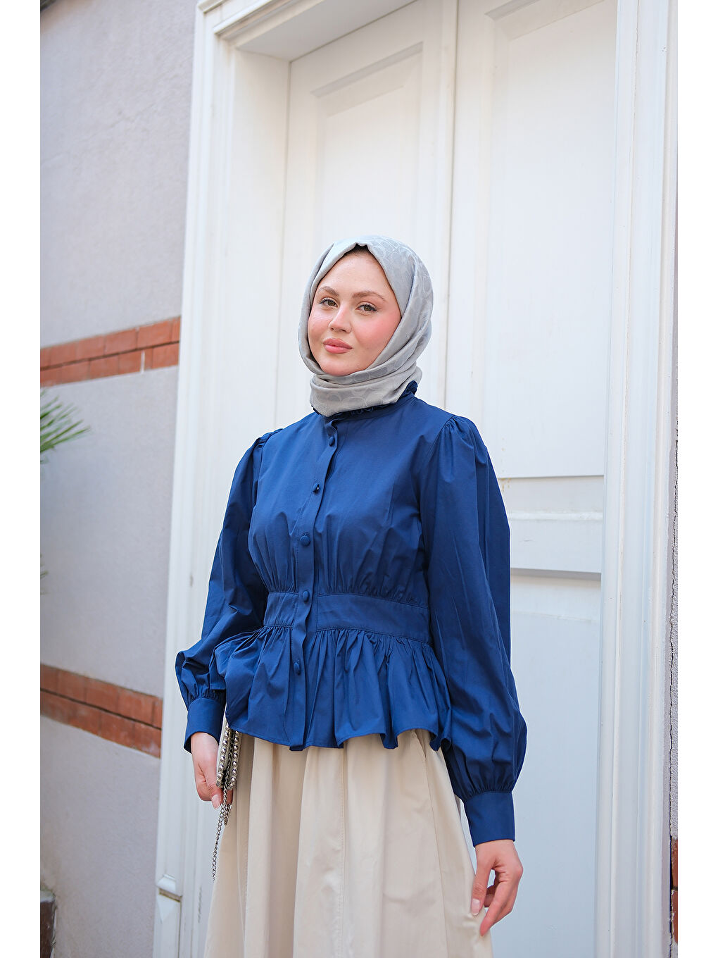 Kadın Beli Büzgü Detaylı Gömlek Lacivert-3