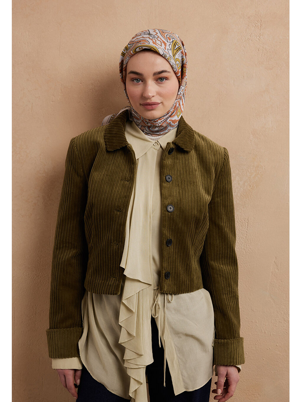 Pembe Lena Desen Pamuk İpek Eşarp Somon-2