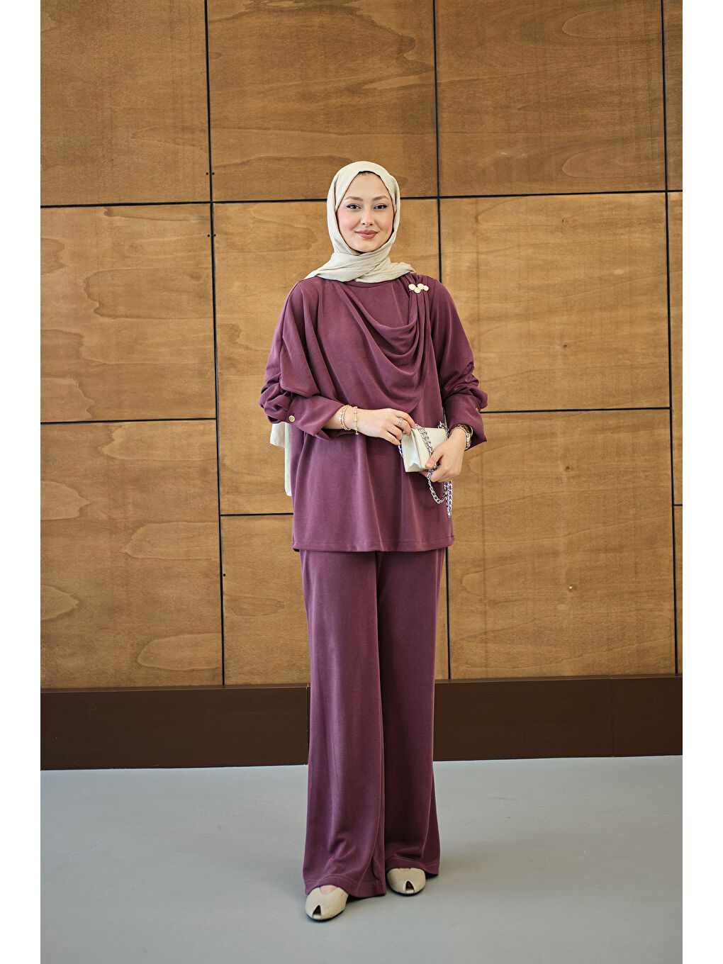 Kadın Yandan Düğme Detaylı Takım Mürdüm-2