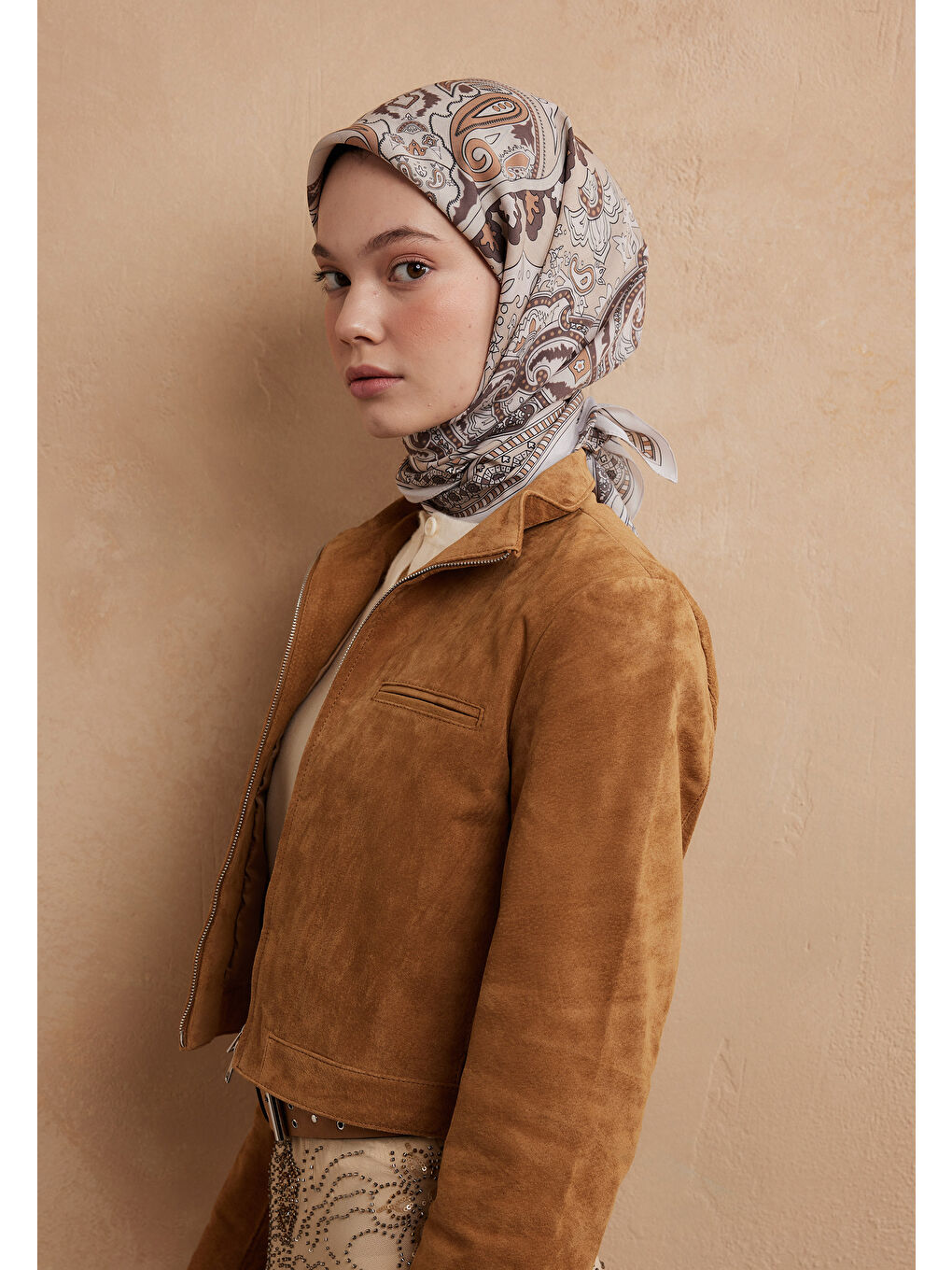 Kahverengi Lena Desen Pamuk İpek Eşarp Cappuccıno-2