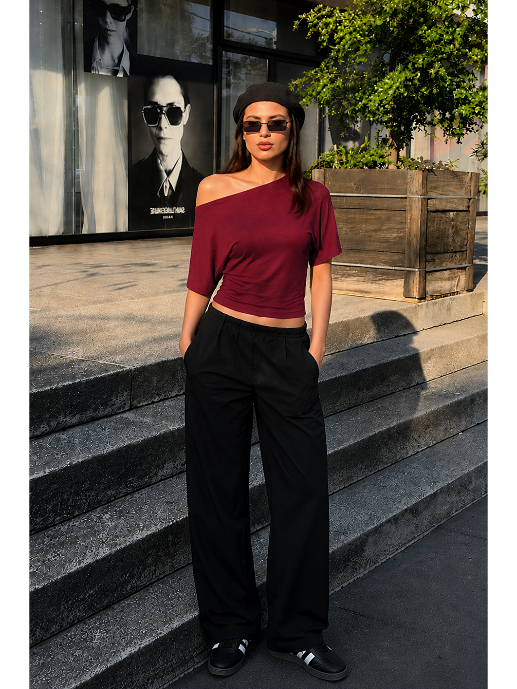 Kadın Günlük Casual Dar Bordo Crop Bluz-1