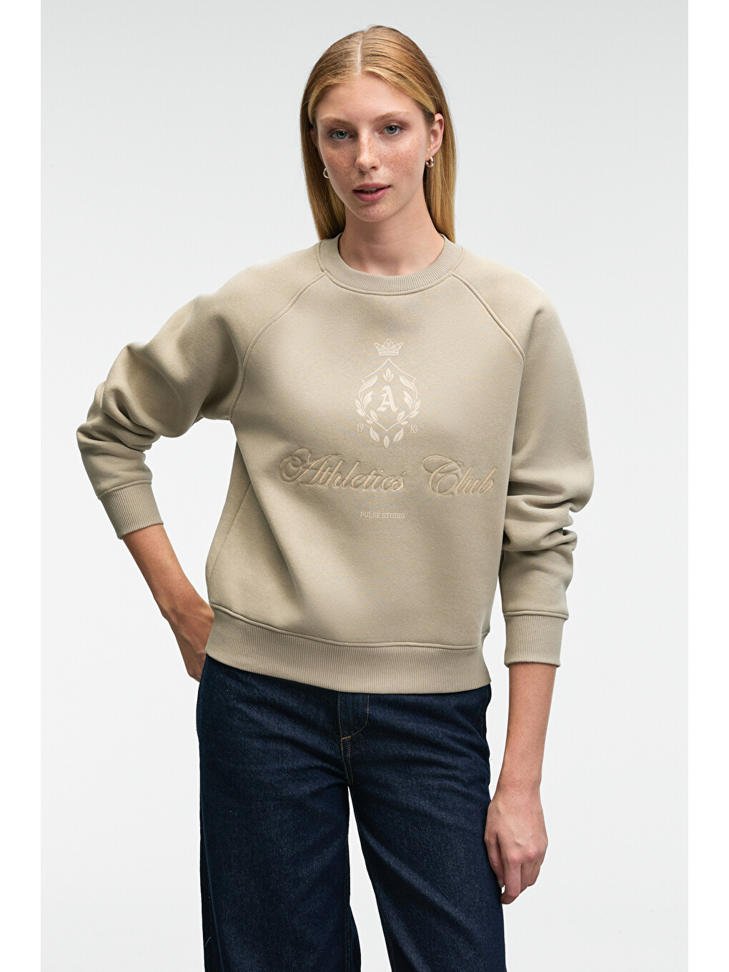 Bej Mırellan Kadın Baskılı Yuvarlak Yaka Regular Fit Taş Sweatshirt-3