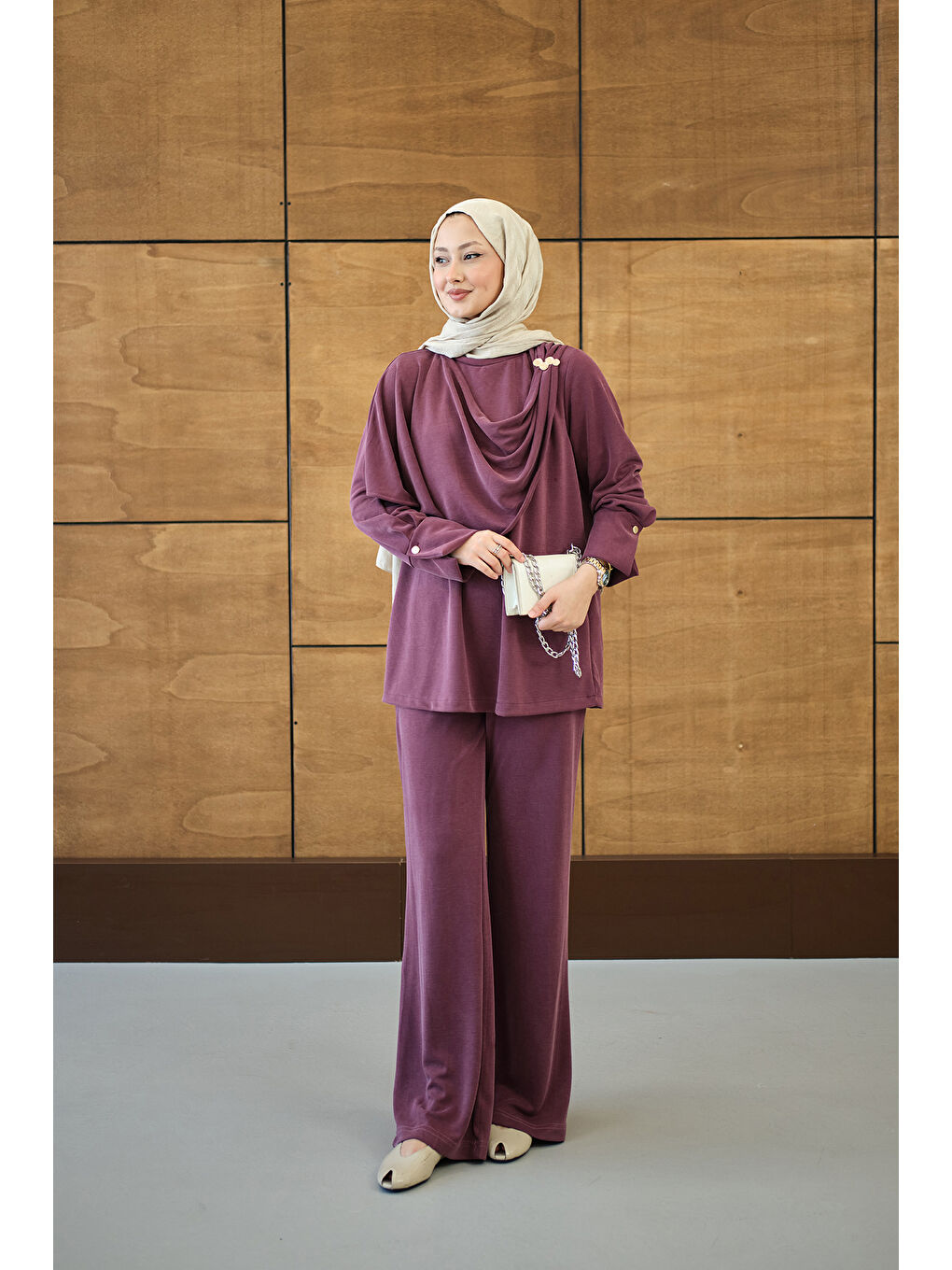 Kadın Yandan Düğme Detaylı Takım Mürdüm-3