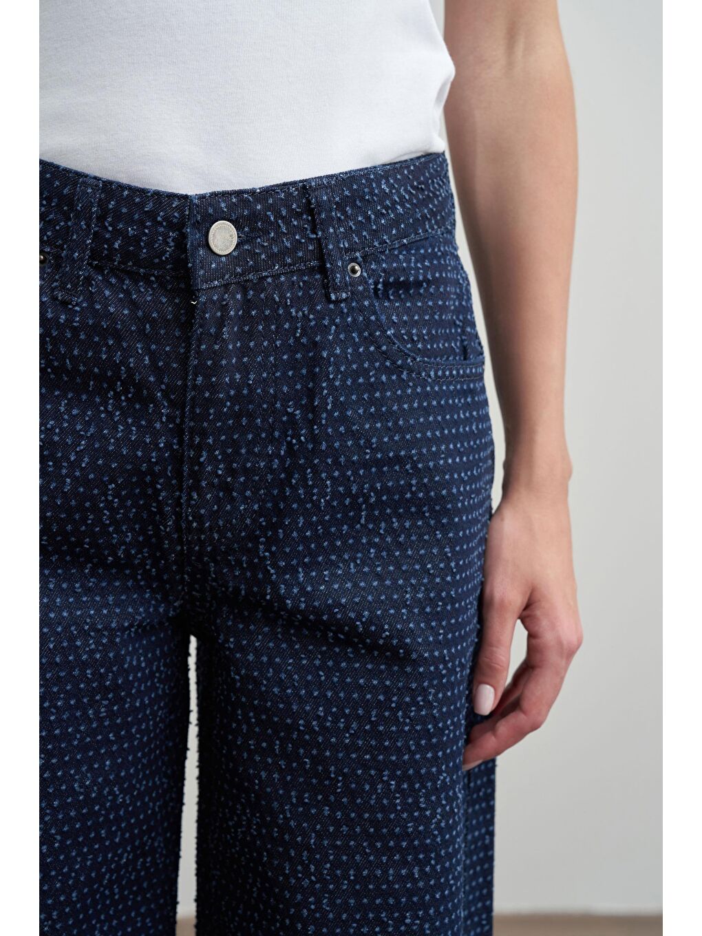 Mavi-Kırık İğne Dokulu Denim Pantolon-5