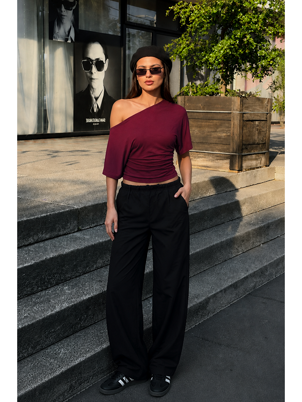 Kadın Günlük Casual Dar Bordo Crop Bluz-2