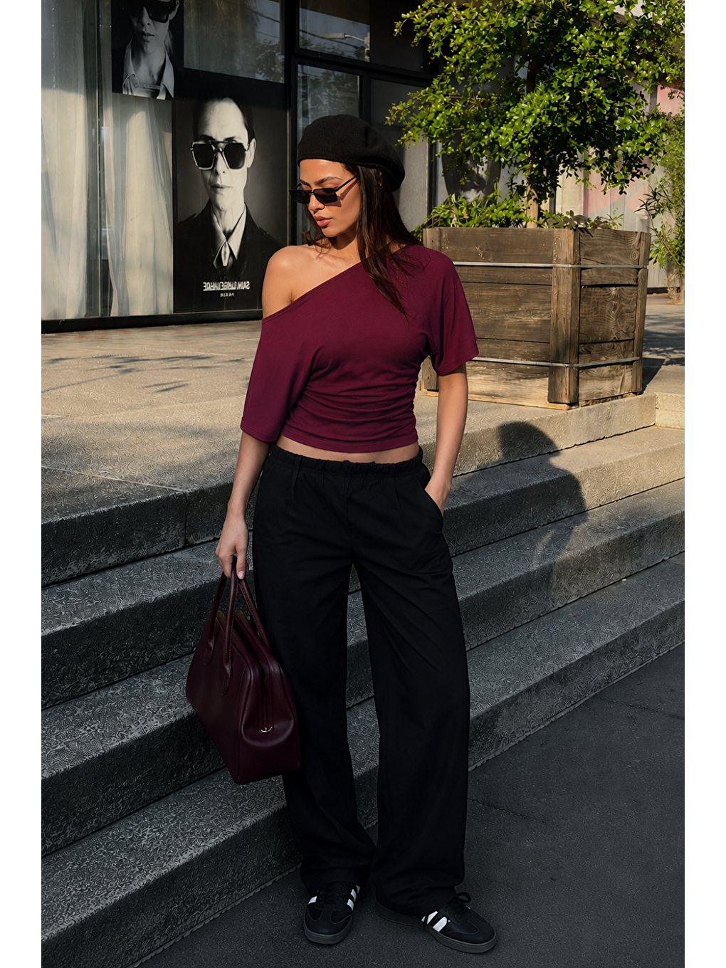 Kadın Günlük Casual Dar Bordo Crop Bluz-3