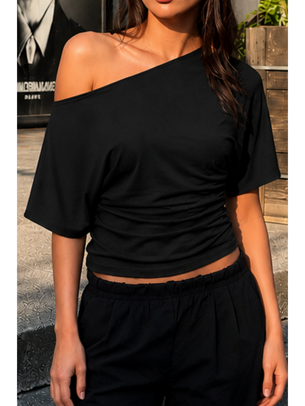 Kadın Günlük Casual Dar Siyah Crop Bluz-5