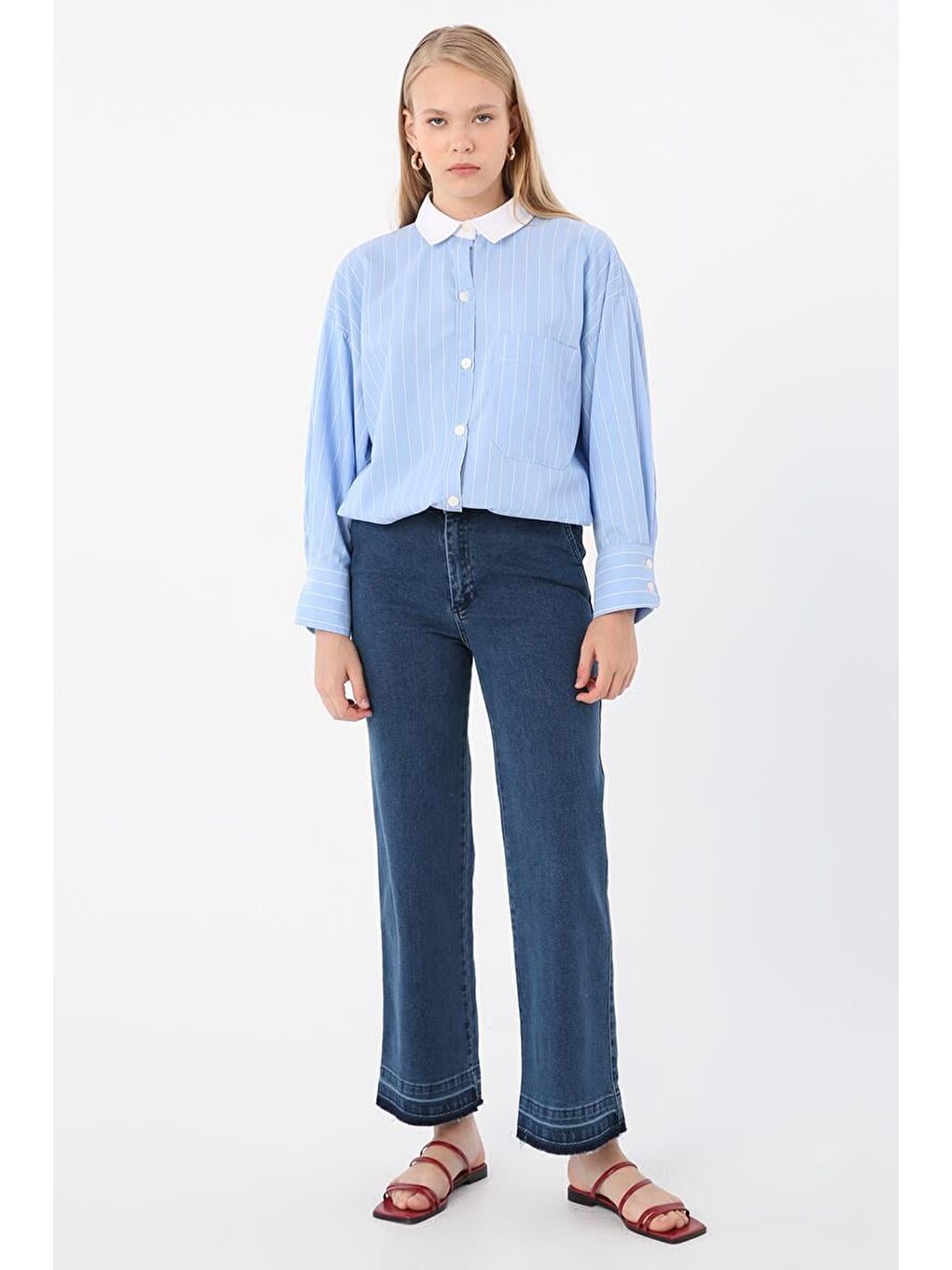 Mavi-Büyük Beden Pamuklu Elastanlı Wide Leg Denim Pantolon-1