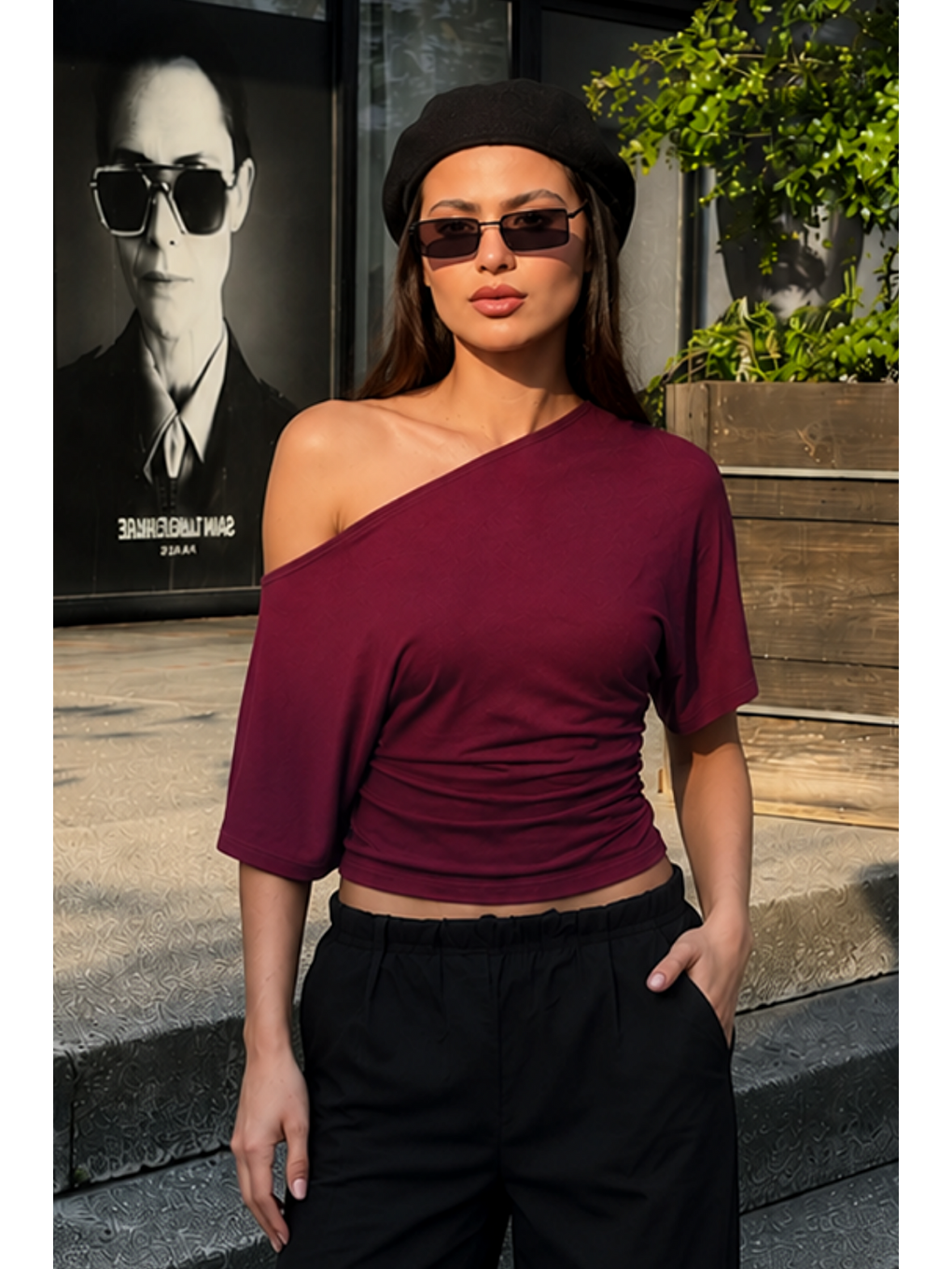Kadın Günlük Casual Dar Bordo Crop Bluz-4