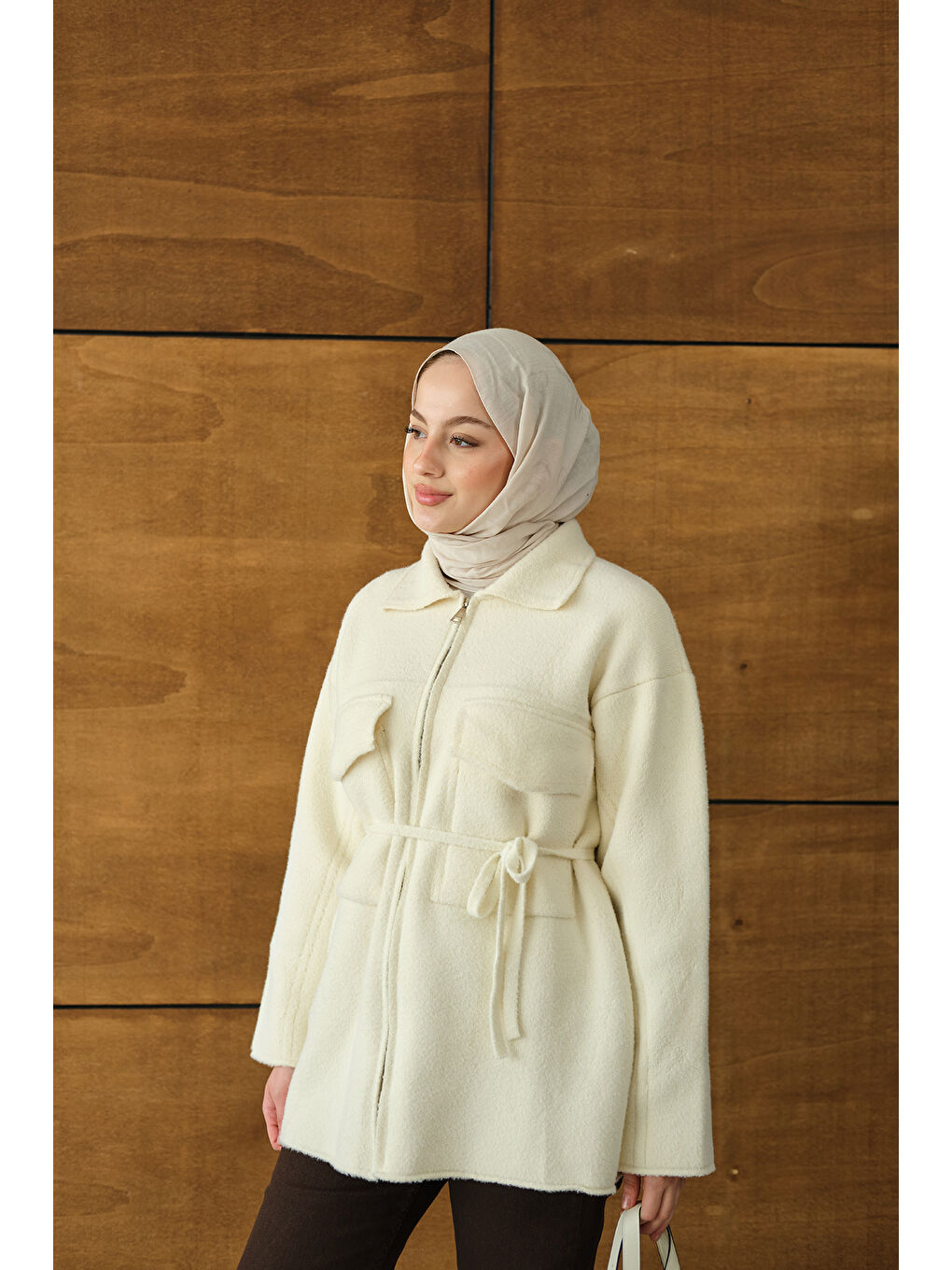 Ekru Kadın Cepli Keçe Hırka Krem-2