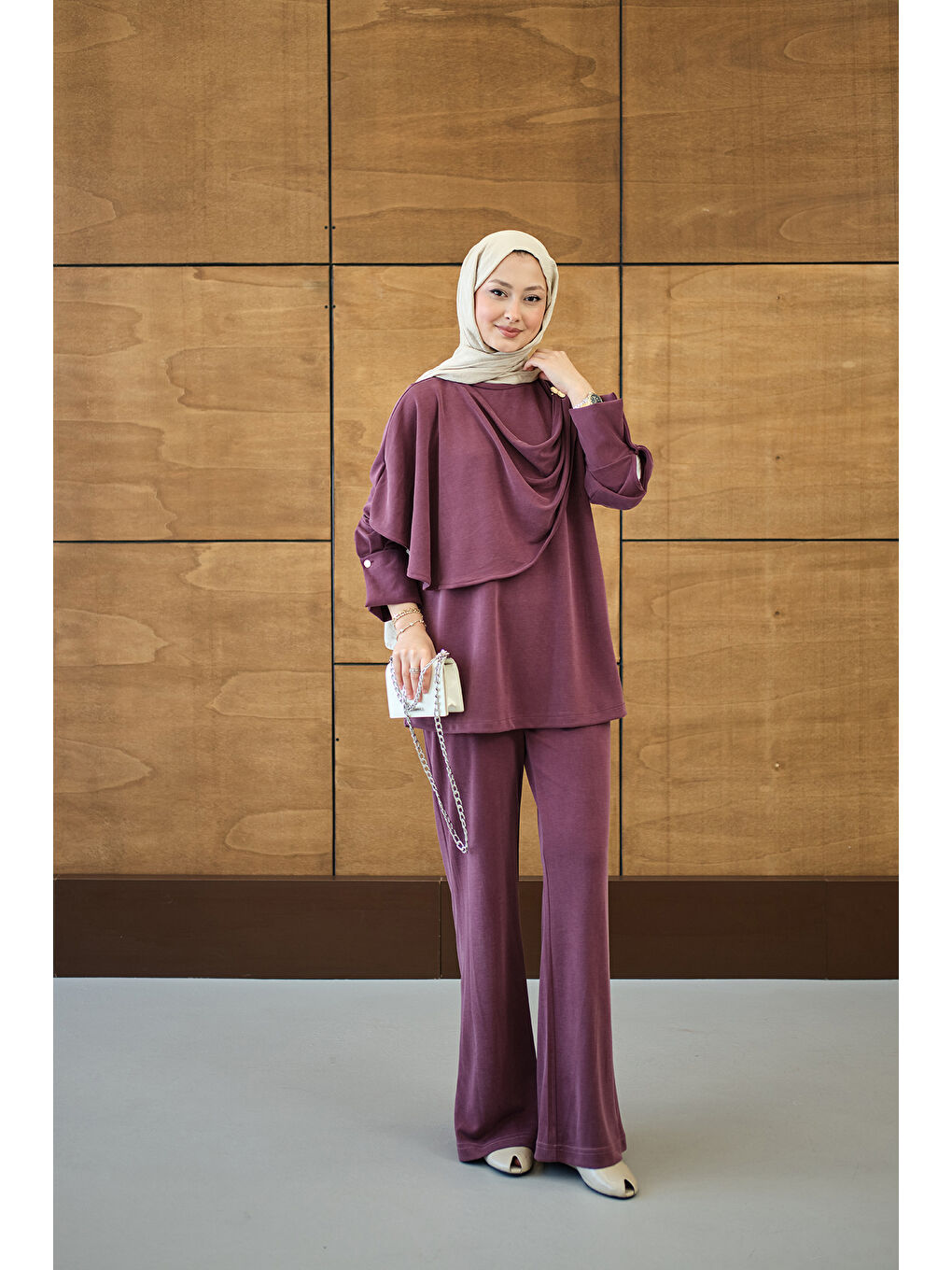 Kadın Yandan Düğme Detaylı Takım Mürdüm-4