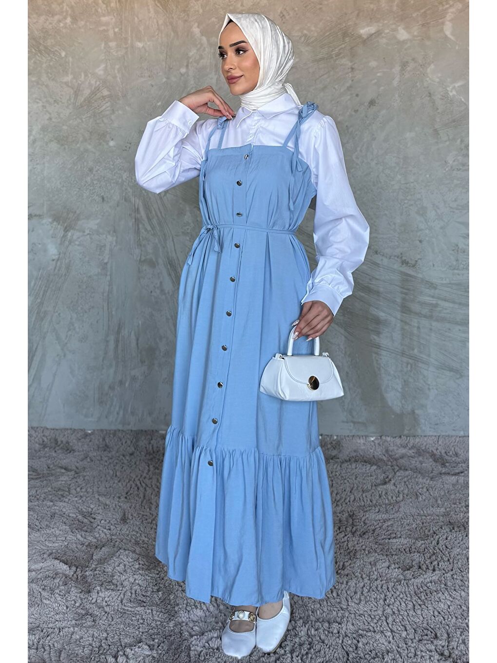Mavi Gömlek Garnili Bağcık Detaylı Tesettür Elbise