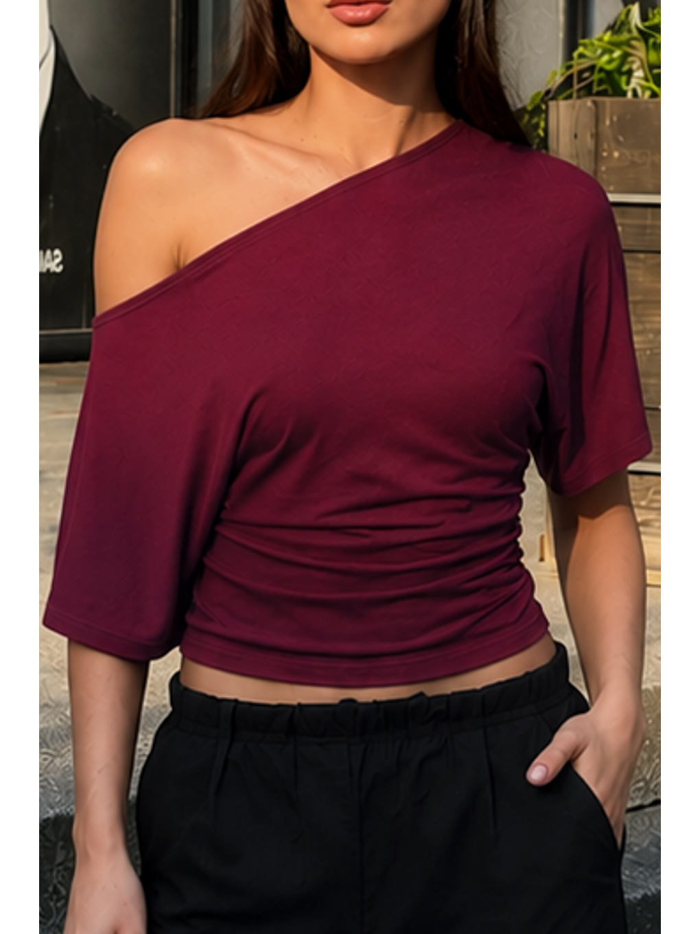 Kadın Günlük Casual Dar Bordo Crop Bluz-5