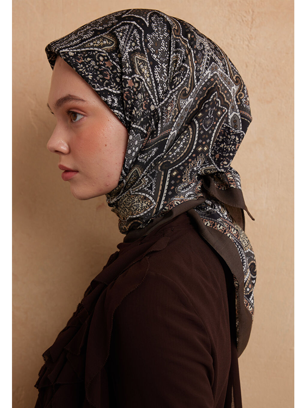 Kahverengi Helene Desen Pamuk İpek Eşarp Acı Kahve-3