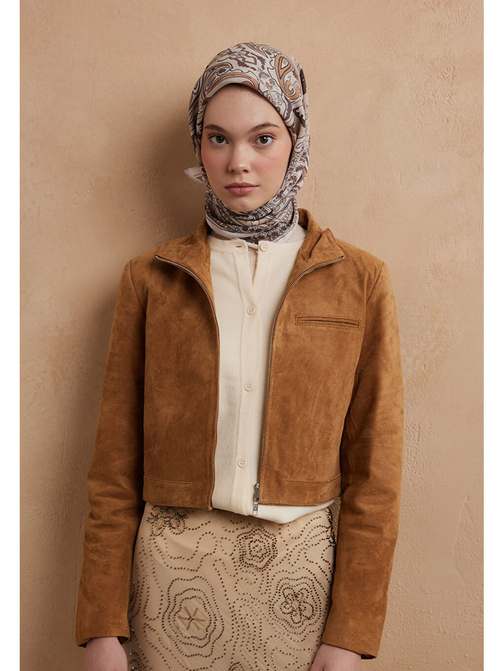 Kahverengi Lena Desen Pamuk İpek Eşarp Cappuccıno-3