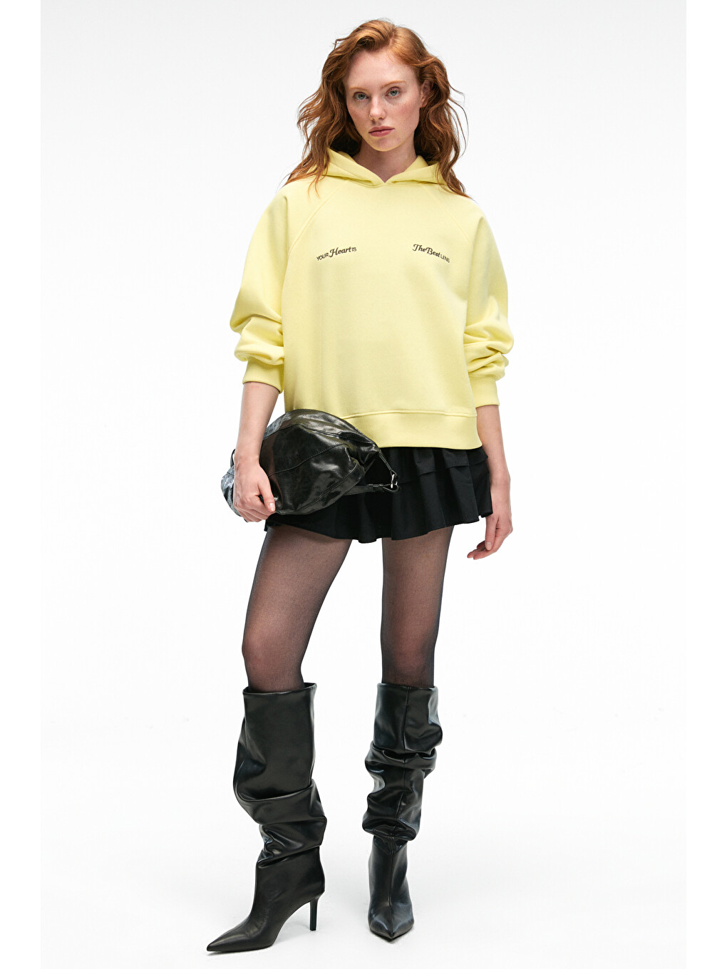Orınque Kadın Kapüşonlu Baskı Ve Nakış Detaylı Oversize Sarı Sweatshirt-4