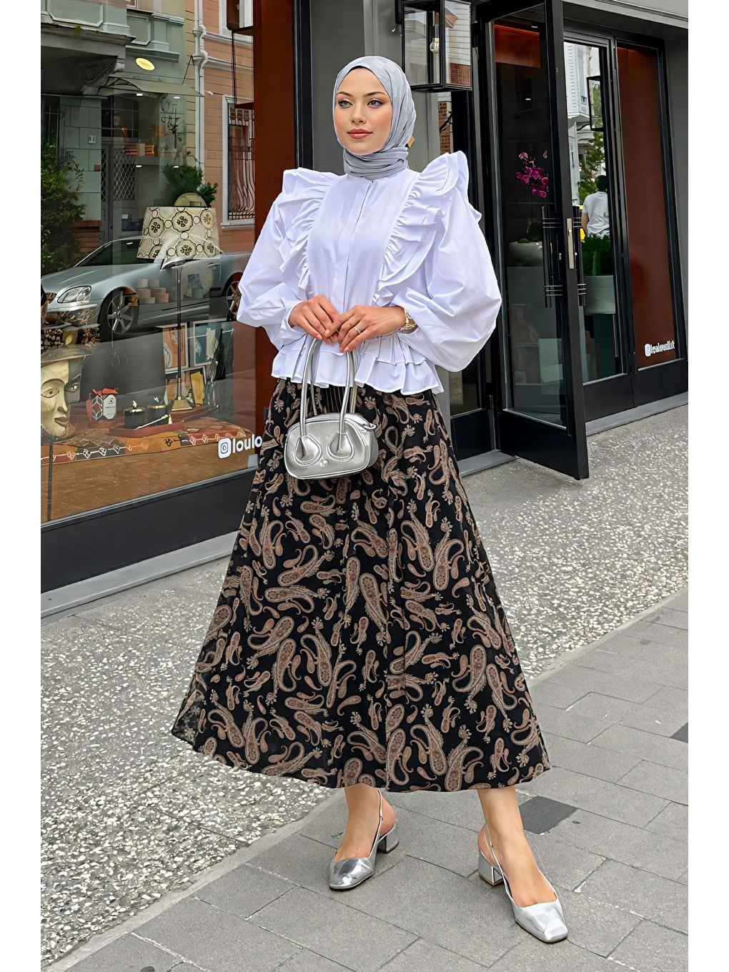 Kadın Desenli Trend Siyah Uzun Tül Tesettür Etek